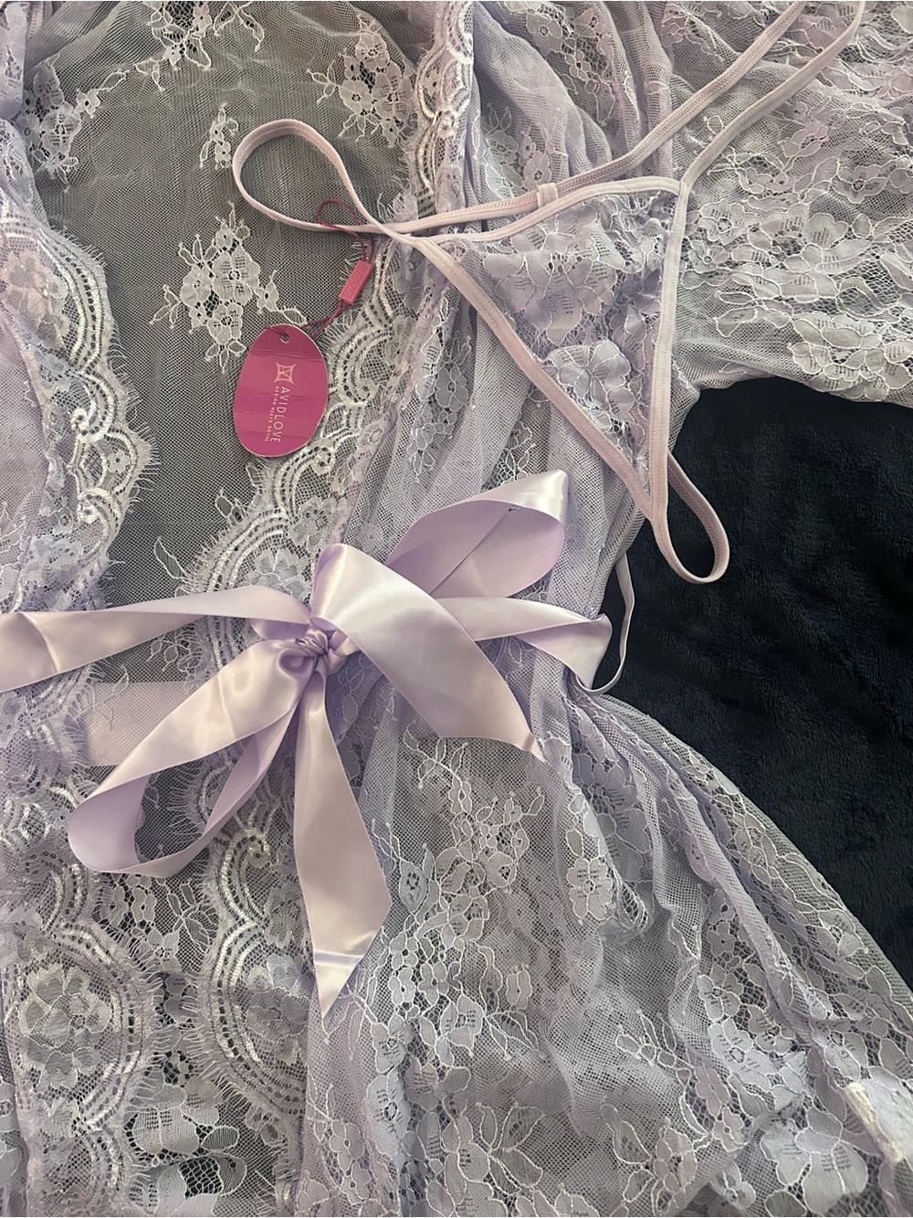 Sheer Lavender Lace Robe with Satin Bow - Women Intimates & Sleepwear
